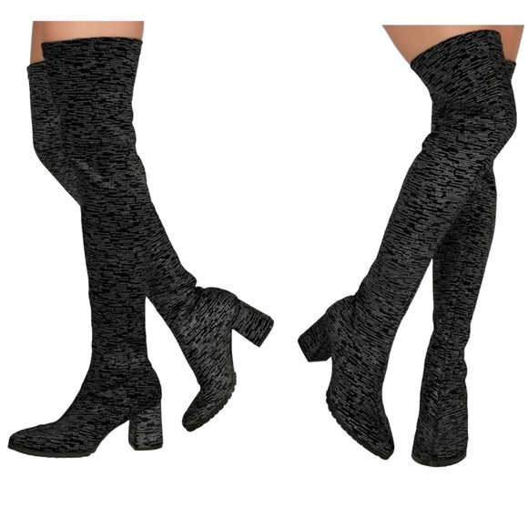Sparkly Velvet Pointed Toe Thigh High Over the Knee Lugged Boot - Picture 12 of 12